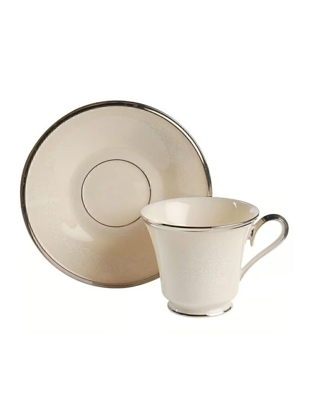 Lenox Moonspun Footed 6 Set Of Cup & Saucer Ivory/Silver Trim